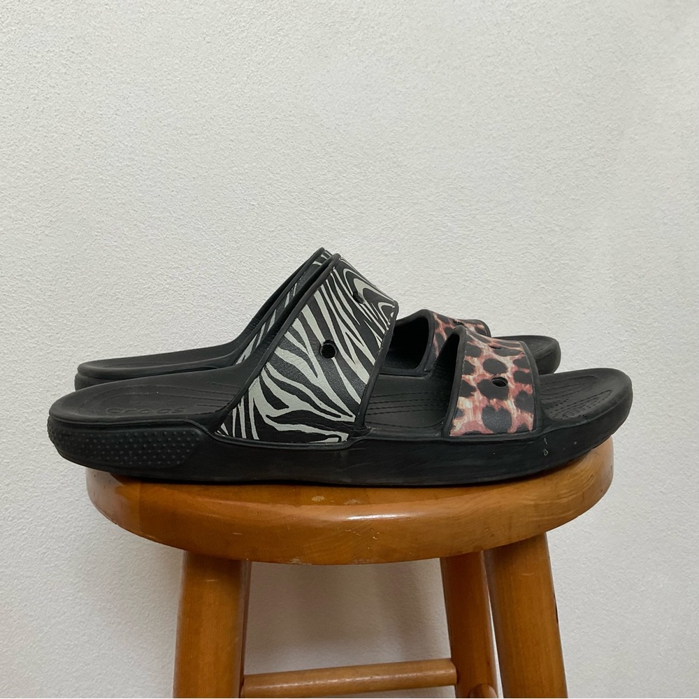 Crocs Leopard, Zebra Print 2 Strap Slide Sandals Size 13 Men's Water Pool Beach